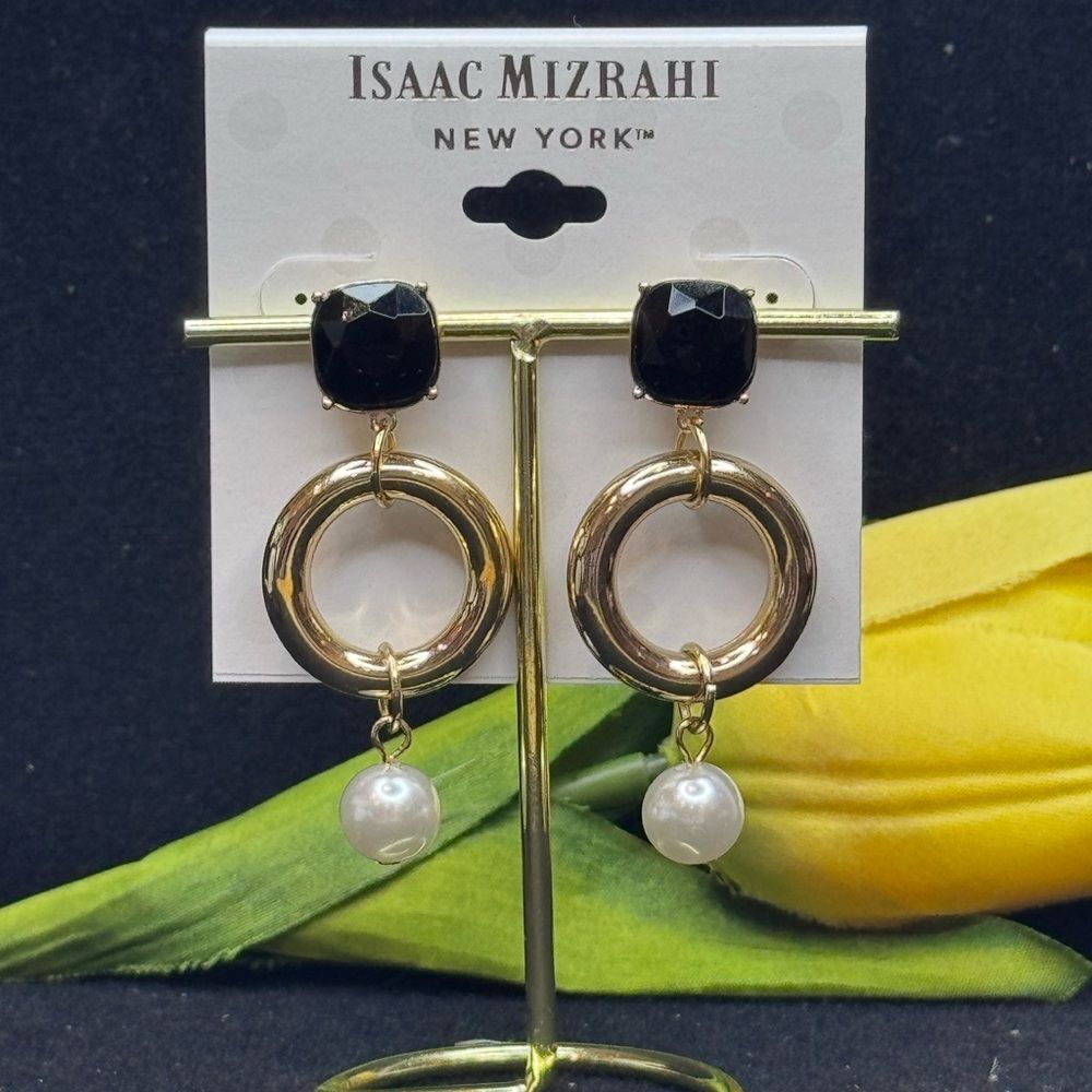 NWT Isaac Mizrahi Gold Tone Black Crystal Faux Pearl Statement Drop Earrings 2"